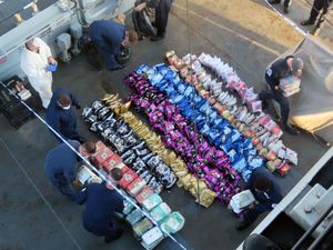 The crew of HMS Lancaster after they seized heroin and methamphetamines worth £5.4 million from drug smugglers in the Arabian Sea