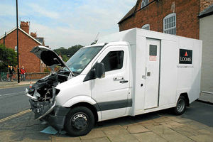 The security van that was involved in the collision with the Volkswagen Polo car. The two guards suffered minor injuries.