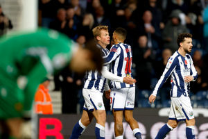 Aune Heggebo celebrates his Oxford winner with Karlan Grant. (Photo by Adam Fradgley/West Bromwich Albion FC via Getty Images)