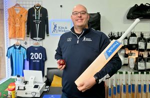 Toby Pedley inside Kits and Wickets, a new sports shop in Church Stretton