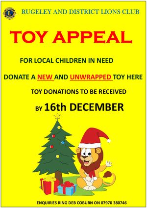 Rugeley and District Lions Club Toy Appeal Poster. 