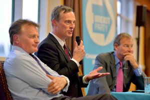 Martin Daubney addresses the audience, flanked by Andrew Kerr and Rupert Lowe