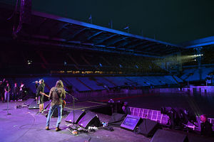 Rehearsals take place on the eve of British rock band, Black Sabbath's "Back to the Beginning" concert, Ozzy Osbourne's final ever gig as Black Sabbath's frontman at Villa Park in Birmingham, central England on July 4, 2025. Osbourne, who revealed in 2020 that he has Parkinson's disease, will join Tony Iommi, Geezer Butler and Bill Ward for the all-day "Back To The Beginning" show in Birmingham, central England, where the heavy metal giants formed in 1968. (Photo by ANDY BUCHANAN / AFP) (Photo by ANDY BUCHANAN/AFP via Getty Images)          