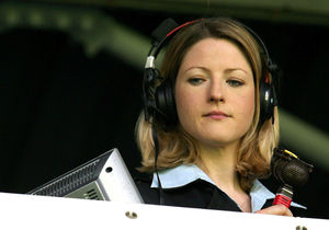 Jacqui Oatley takes her position in the commentary box for Match of the Day for the first time in 2007