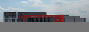Computer-generated images illustrate how the fire station will look