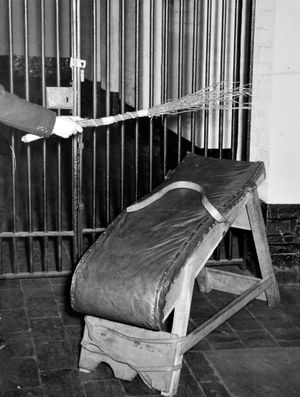 The birch and birching stool to which offenders were secured before punishment was administered.