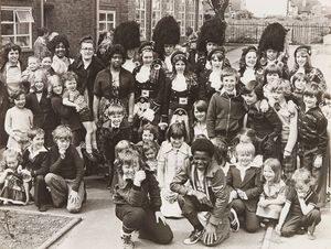 St Mary's Pipe and Drum band from Willenhall were an added treat for the youngsters at the Holy Rosery School, Hickman Avenue, Wolverhampton at their jubilee party, in June 1977.