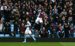 Aston Villa's Christian Benteke scores his first goal against Norwich City