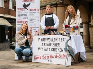 Supporting image for story: 'If you wouldn’t eat a kingfisher, why eat a chicken?' PETA animal rights activists take to Shrewsbury's streets