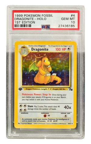 A 1st edition Fossil Dragonite Holo, PSA Gem Mint 10, estimated to sell for £3,000-£5,000.
