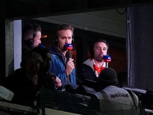 Supporting image for story: Ryan Reynolds and Rob Mac cheer on Wrexham from Sky Sports commentary box