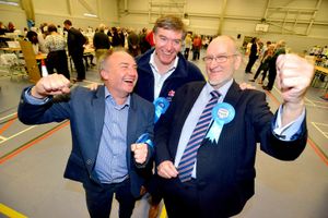 Malcolm Pate, right, celebrating victory at the 2017 Shropshire Council elections with Ludlow MP Philip Dunne, centre, and Broseley councillor Simon Harris