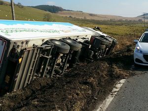 Supporting image for story: A458 closed as crane recovers overturned milk lorry