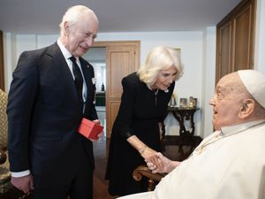 The King and Queen during a private meeting with Pope Francis in Rome on April 9