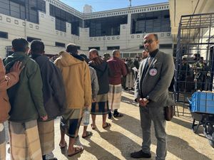 Captives released by the Houthis stand in a queue