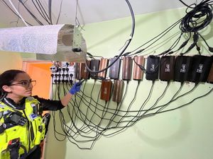 An officer inside the property where the cannabis plants were growing.