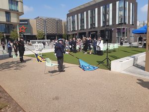 Standards are bowed for the 2 minute silence in Southwater Square. Picture: LDRS