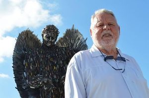 Peace envoy Terry Waite with the Knife Angel