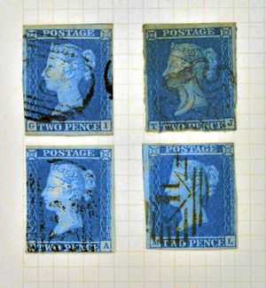 A few of Richard's Tuppenny Blue stamps from 1841