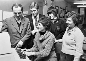 7 November 1980: 'A mini computer has been brought into use for instructional purposes at Hadley Manor School, Telford, and both members of the staff and pupils are engaged in learning the use of the computer keyboard. From left: Mr Ralph Palmer, head of English and librarian, Andrew Mulcuck, 16, of Ketley, Peter Pearing, 15, of Hadley, and Mrs Doris Morris, library assistant, with teacher Mrs Vida Pearce at the keyboard.'