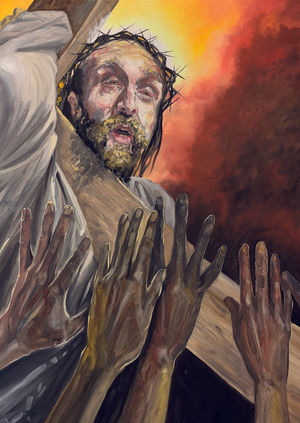 Jesus and the women of Jerusalem - the women reaching forward to Jesus from the darkness.