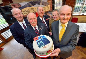 Les Cherrington celebrating his 100th birthday with John Bradburn, 64, from Pensnett, Colin Pace, 67, from Stafford, Ernie Bryan, 67, from Stafford, and Andy Morris, 47, from Stourbridge