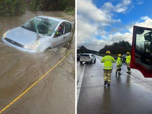 Supporting image for story: Day of traffic chaos with multiple crashes and a car submerged in flood water after storms lash Shropshire