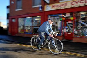  Life long customer Jack Haddock, then aged 86, outside Russell Cycles in 2014 