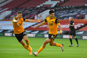  Raul Jimenez of Wolverhampton Wanderers celebrates after scoring a goal to make it 0-1 during his 100th appearance. (AMA)