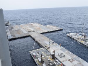 Supporting image for story: US military says Gaza Strip pier project complete with aid to flow soon
