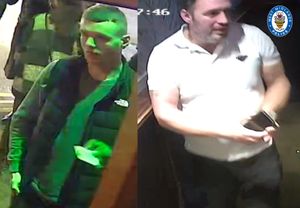 Police are looking to speak to these two men after a woman was assaulted and thrown down the stairs at a bar in Birmingham city centre.