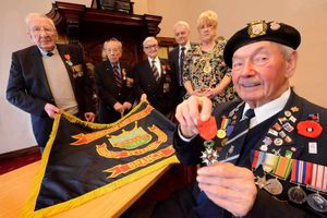 The veterans receive their medals from left to right: George Stokes, Bernard Benson, Arthur Utley, French Ambassador Robert Mille, Mayor Angela Underhill, and Simeon Mayou (also a former Walsall Councillor)