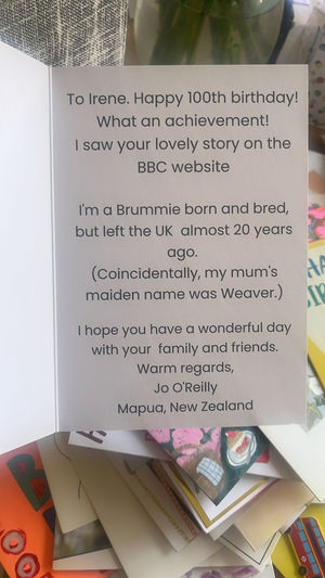 Resident, Irene Weaver at HC-One’s Roxburgh House Care Home birthday card from New Zealand