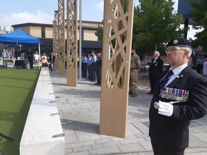 W/O Peter Williams led the Telford VJ Day Parade. Picture: LDRS