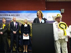 Reform UK candidate Sarah Pochin makes a speech after winning the Runcorn & Helsby by-election