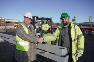 Wolverhampton Council Leader, Councillor Stephen Simkins, and Speller Metcalfe Project Manager, Carl Bettam, with the steels on site that will form the new Bilston Market