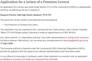 The notice of a review of Newport Premier\'s premises licence on the council website: Picture: Telford & Wrekin Council