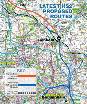 The new route, in red, from the Midlands, going north towards Manchester