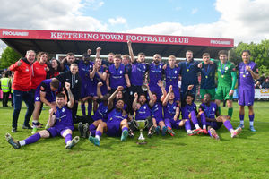 Jubilant AFC Telford players at full-time. Pic: Kieren Griffin