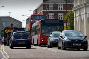 Cars using the pedestrian section of Pipers Row to avoid the one way system around the roadworks