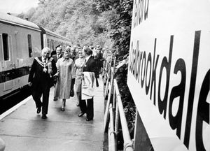 Guests leave the first Sunday passenger train into the new Coalbrookdale station in 1979