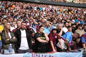 Aston Villa fans react during the Emirates FA Cup semi-final match at Wembley Stadium, London. Picture date: Saturday April 26, 2025.