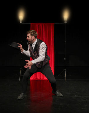 Joshua Crisp of Ropetackle Storytellers performing at the Edge Arts Centre. Photo: Andy Brooks