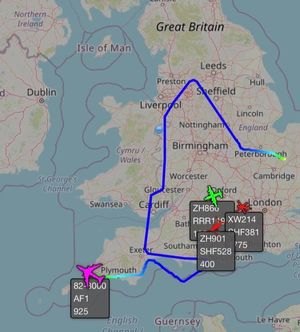 Air Force One's flight from RAF Mildenhall in Suffolk to Newquay in Cornwall - via Shropshire