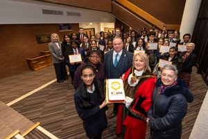 The new youth councillors celebrate with Wolverhampton Council Leader Councillor Stephen Simkins and Mayor of Wolverhampton Councillor Linda Leach at Wolverhampton Civic Centre