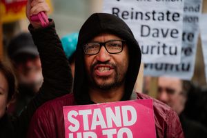 Sacked teacher Dave Muritu at the protest on Friday