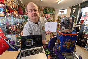 Inside Nevaland Toys in Halesowen and Jonathan with the false business document set up purporting to be from his business.