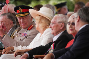 King Charles III and Queen Camilla attend the national Service of Remembrance, hosted by the Royal British Legion in partnership with the Government, to mark the 80th Anniversary of VJ Day at the National Memorial Arboretum in Alrewas, Staffordshire. Picture date: Friday August 15, 2025. PA Photo. Photo credit should read: Christopher Furlong/PA Wire 