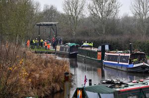 The scene in Whitchurch after a huge sinkhole swallows two narrowboats.