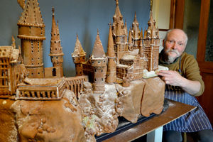 Bake Off's Terry Hartill from Stourbridge is making a giant Hogwarts Gingerbread house in his kitchen. December 2020.